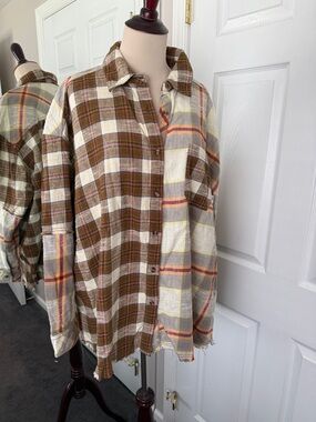 Urban Outfitters BDG Oversized Mixed Brown & Cream Plaid Button-Down Flannel M